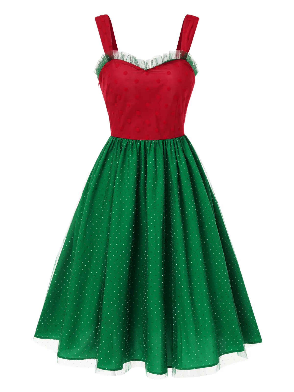 Red & Green 1950s Christmas Polka Dots Dress - Image 3