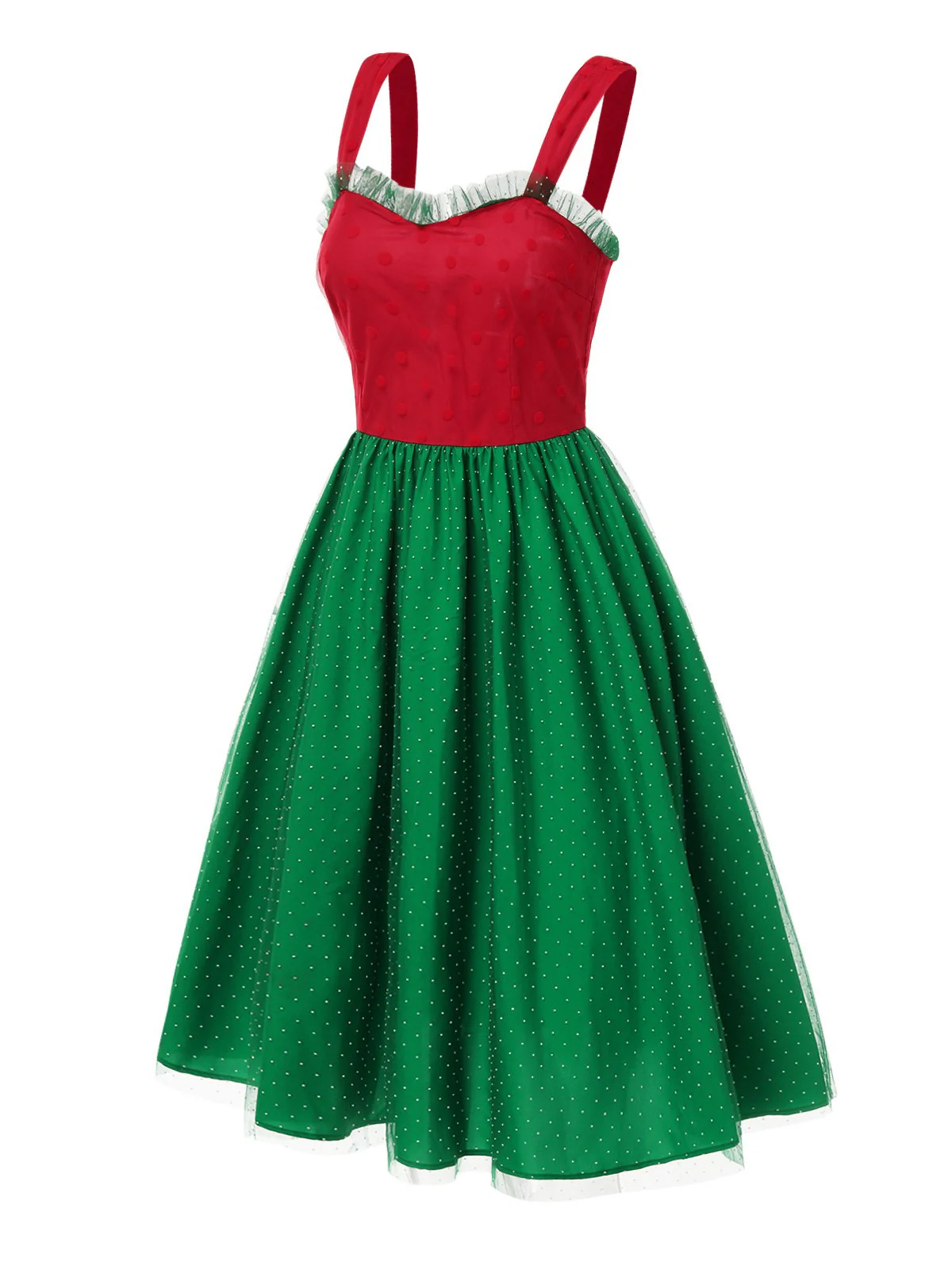 Red & Green 1950s Christmas Polka Dots Dress - Image 4