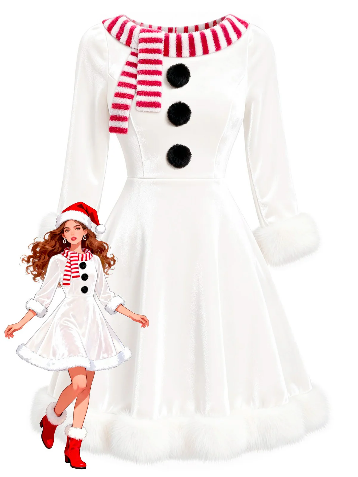 Red & White Christmas Snowman Velvet Dress - Image 2