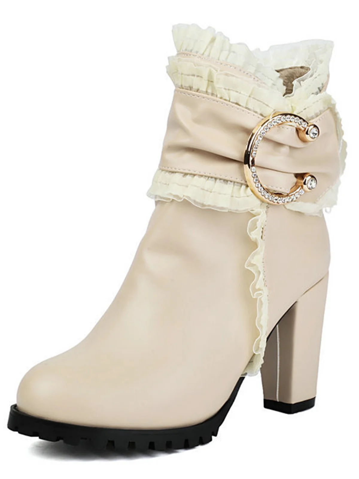 PU Leather Lace-Trimmed Chunky Heel Ankle Boots - Image 11