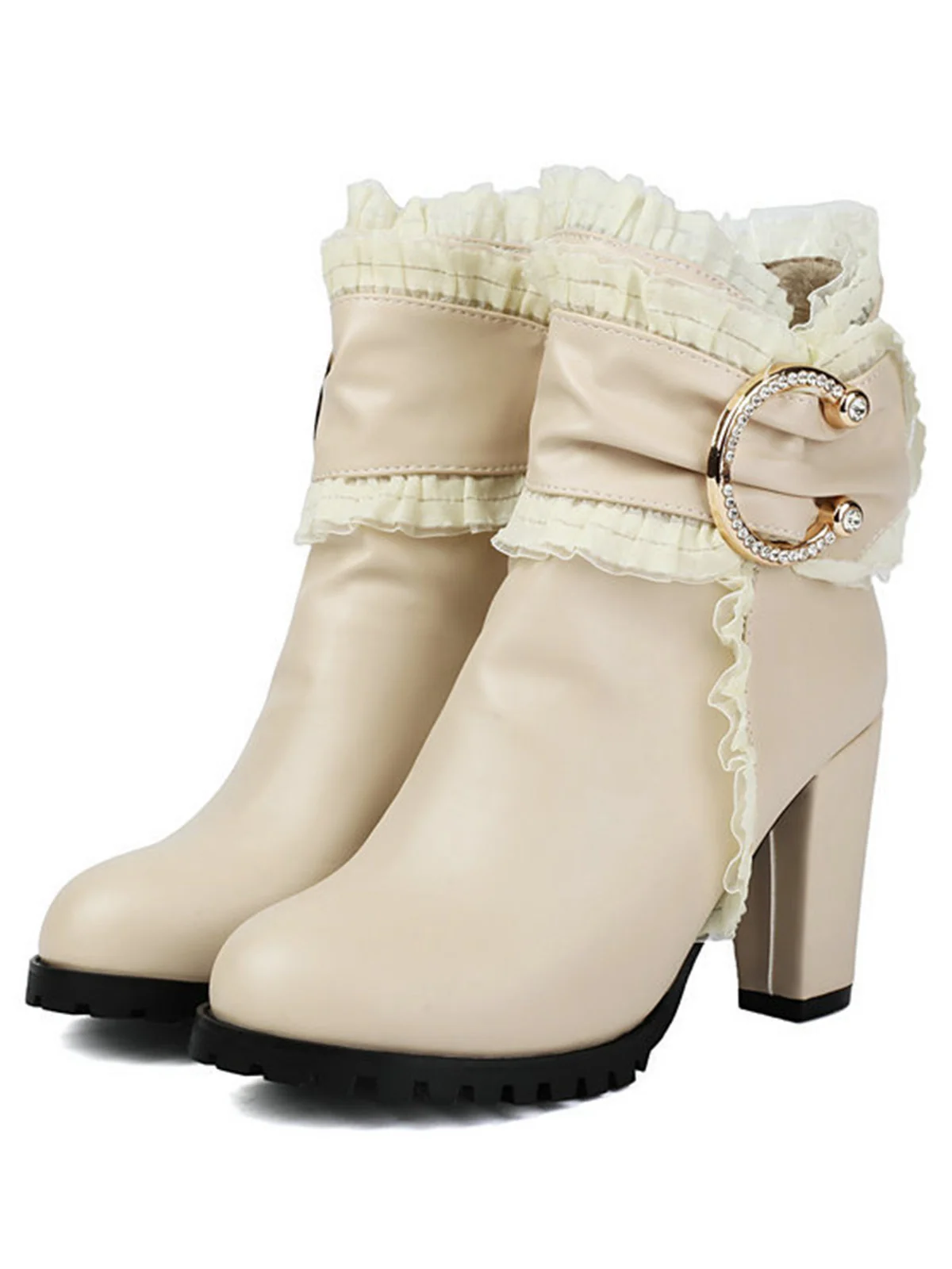 PU Leather Lace-Trimmed Chunky Heel Ankle Boots - Image 12