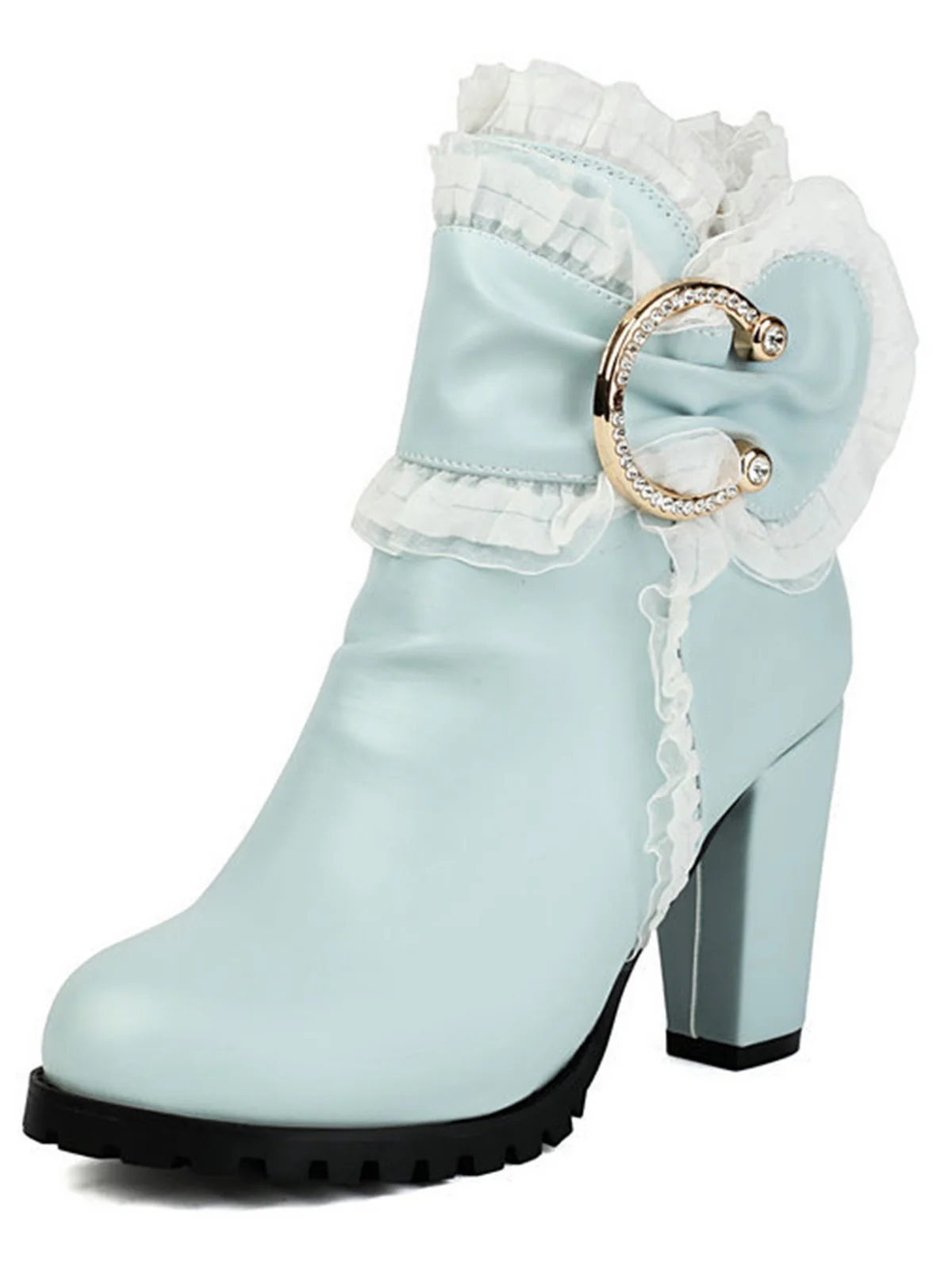 PU Leather Lace-Trimmed Chunky Heel Ankle Boots - Image 13