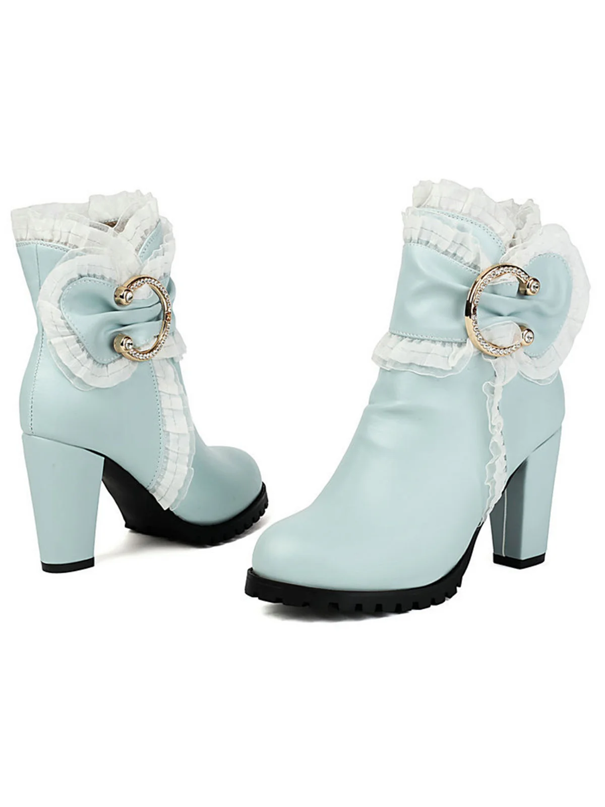 PU Leather Lace-Trimmed Chunky Heel Ankle Boots - Image 14