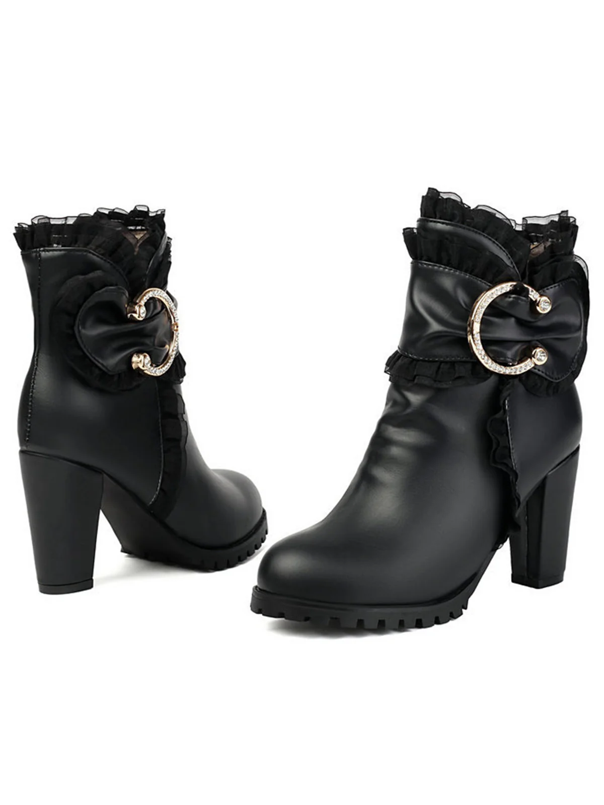 PU Leather Lace-Trimmed Chunky Heel Ankle Boots - Image 2