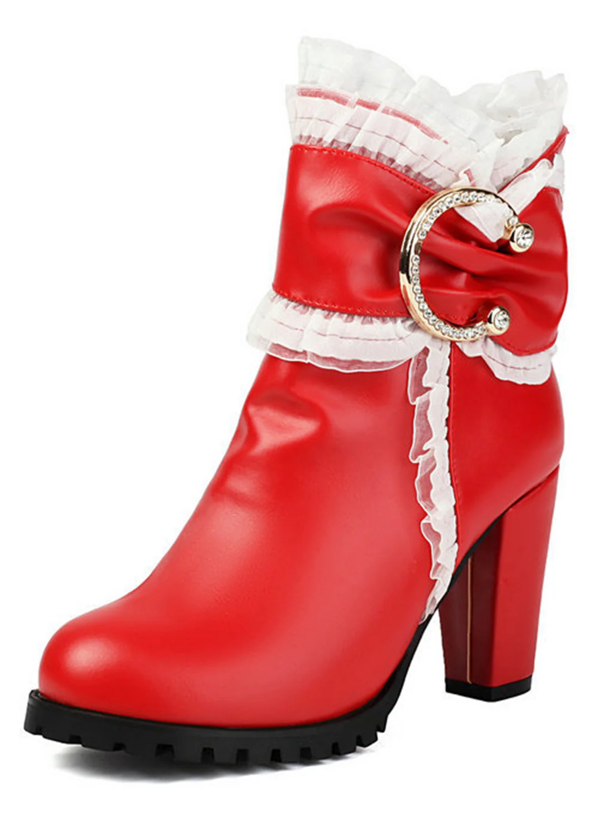 PU Leather Lace-Trimmed Chunky Heel Ankle Boots - Image 5