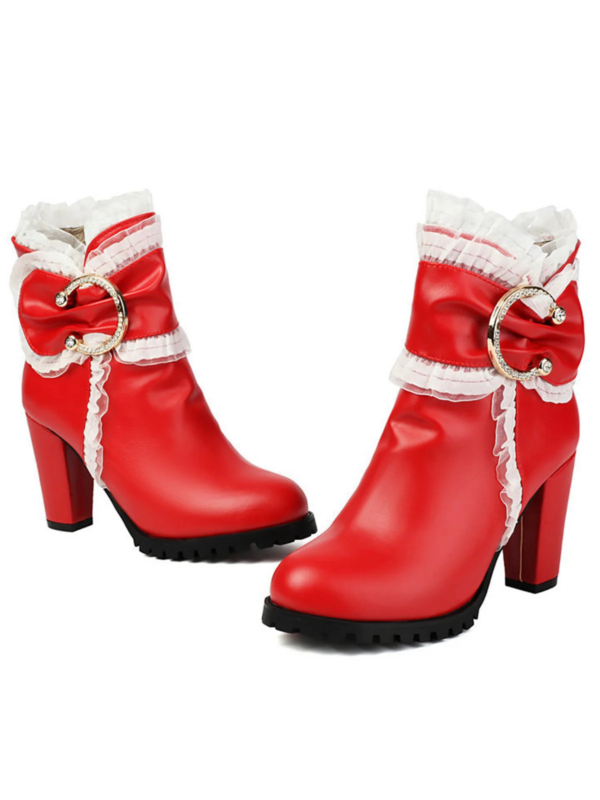 PU Leather Lace-Trimmed Chunky Heel Ankle Boots - Image 6