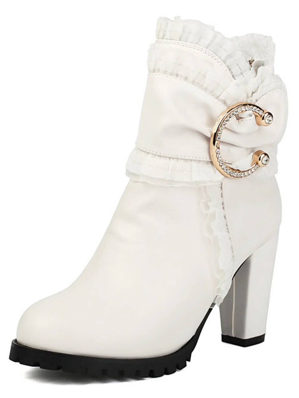 PU Leather Lace-Trimmed Chunky Heel Ankle Boots - Image 7