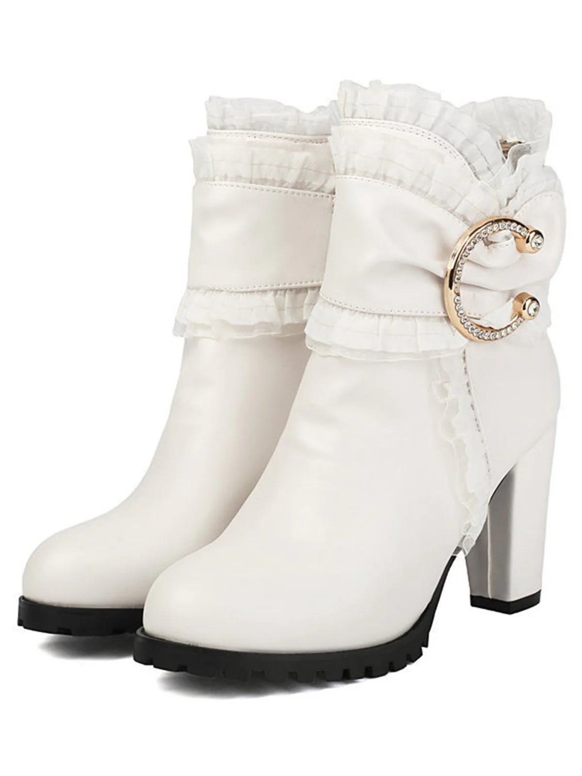 PU Leather Lace-Trimmed Chunky Heel Ankle Boots - Image 8
