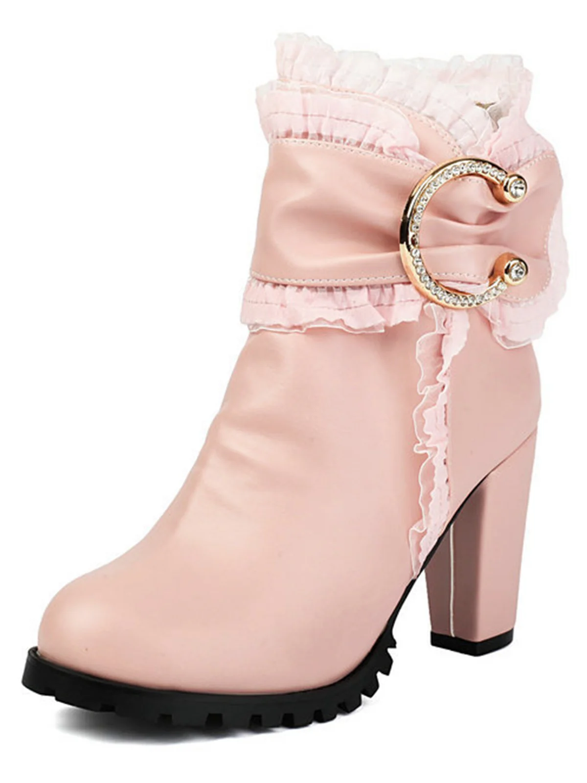 PU Leather Lace-Trimmed Chunky Heel Ankle Boots - Image 9