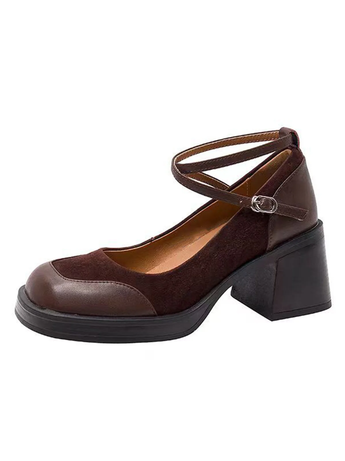 PU Leather Patchwork Square Toe Chunky Heels - Image 2