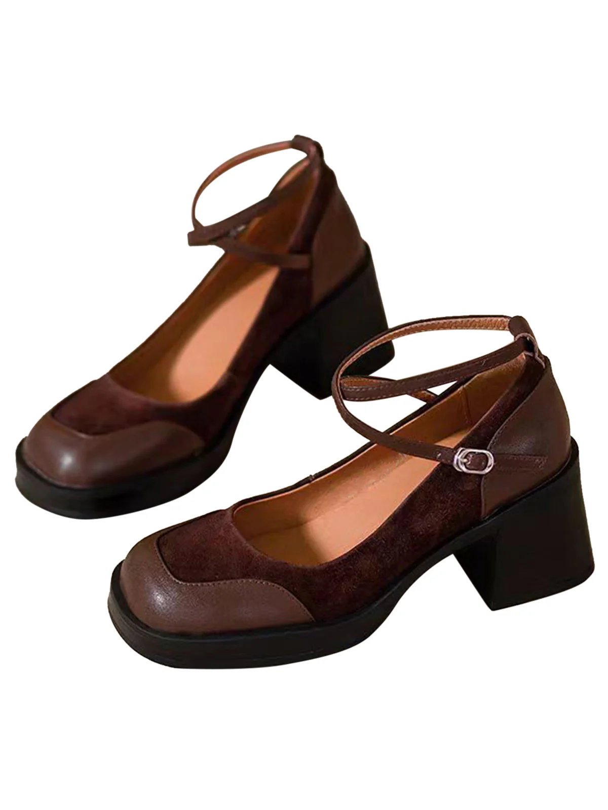 PU Leather Patchwork Square Toe Chunky Heels - Image 3