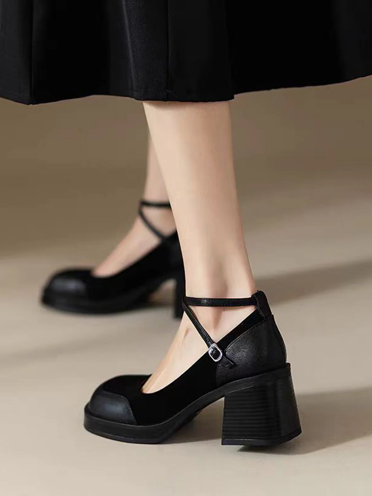 PU Leather Patchwork Square Toe Chunky Heels - Image 4