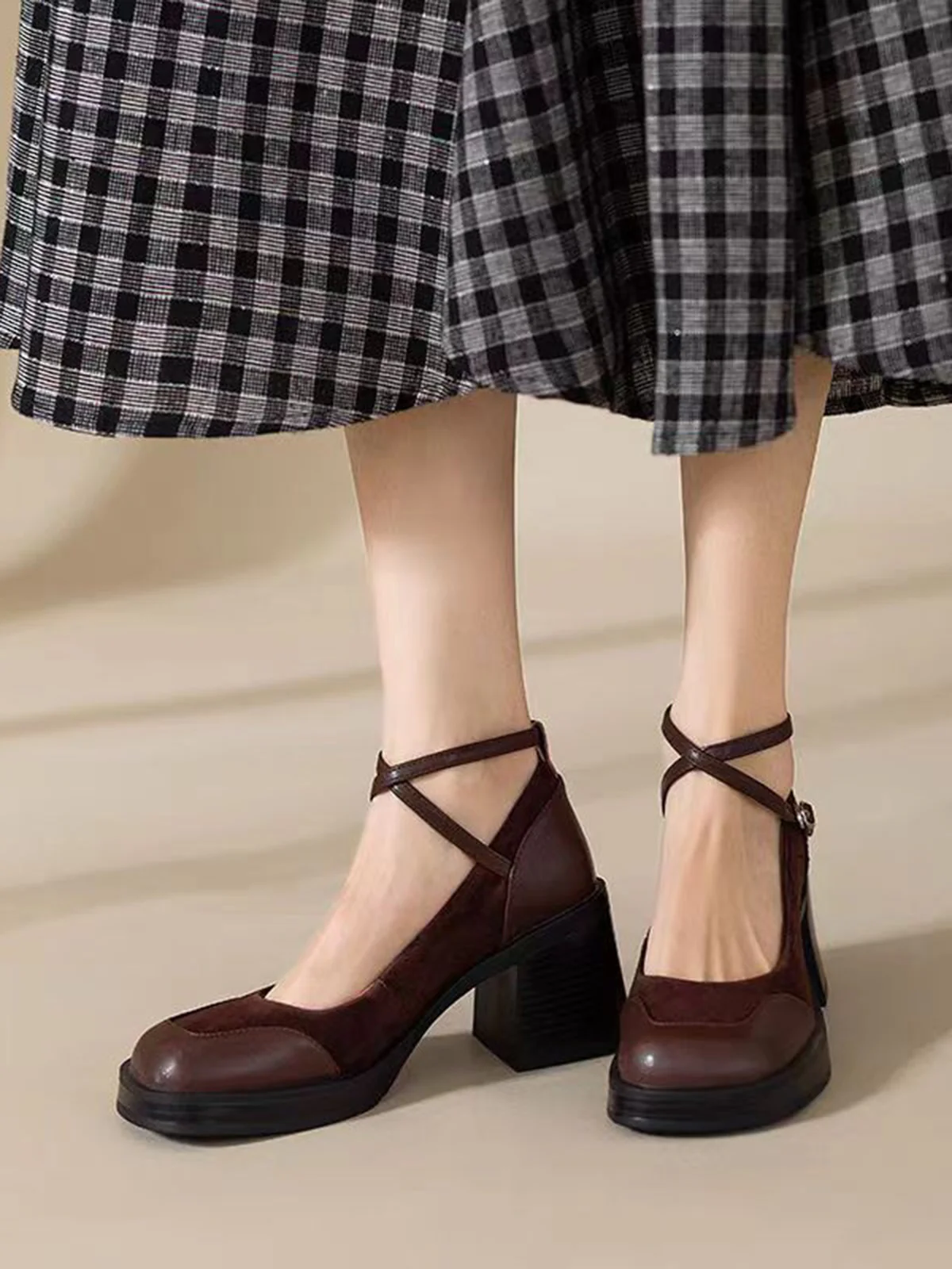 PU Leather Patchwork Square Toe Chunky Heels - Image 5