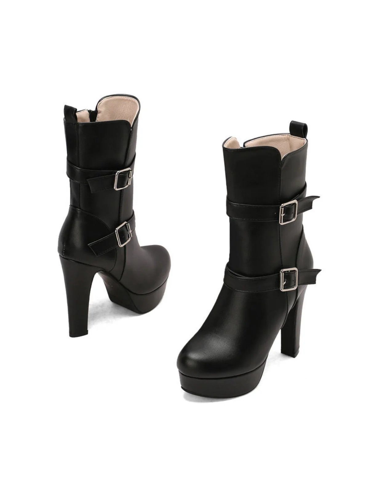 Pu Leather Round Toe Wedge Heel Mid-Calf Boots - Image 10