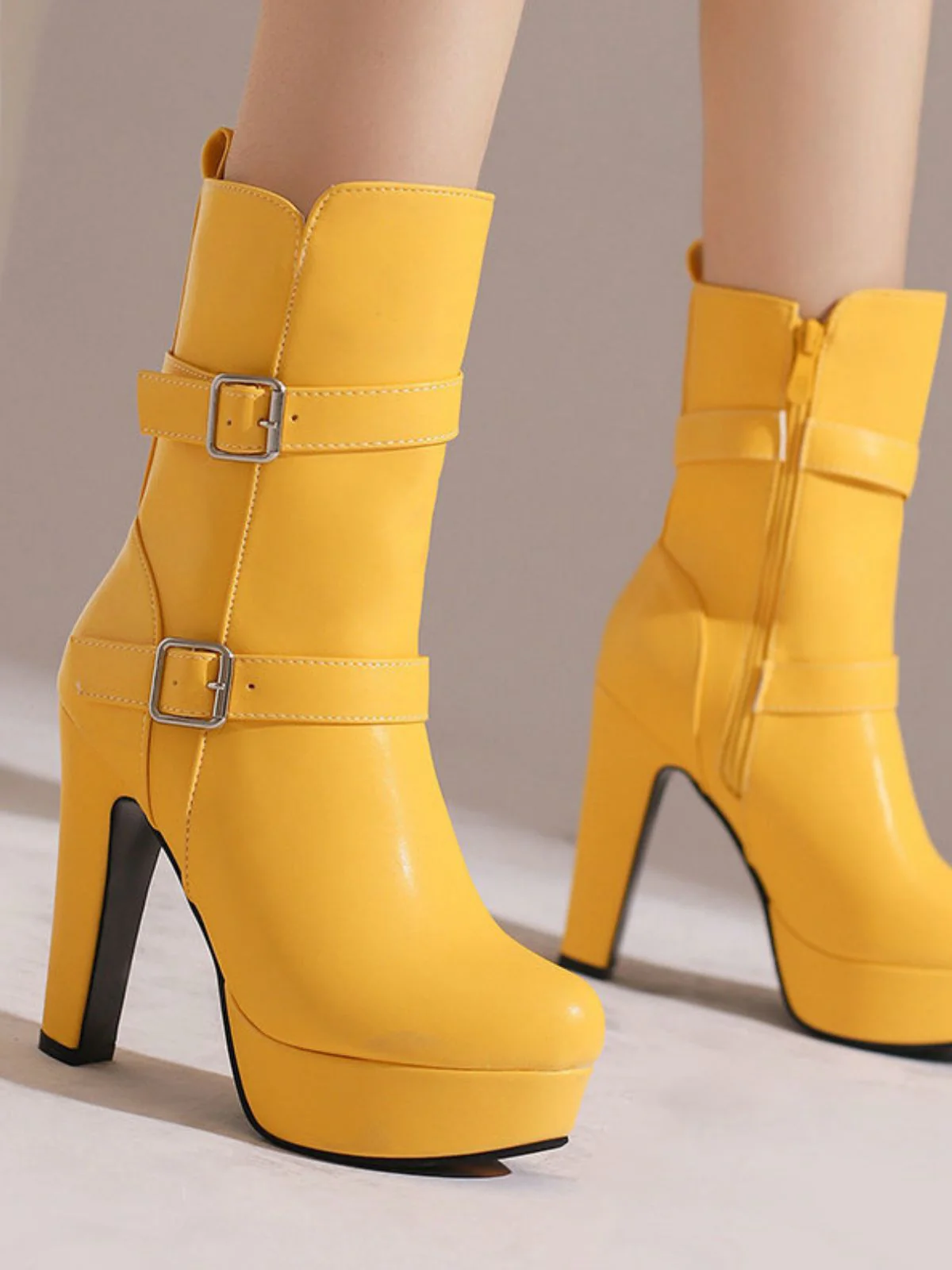 Pu Leather Round Toe Wedge Heel Mid-Calf Boots - Image 12