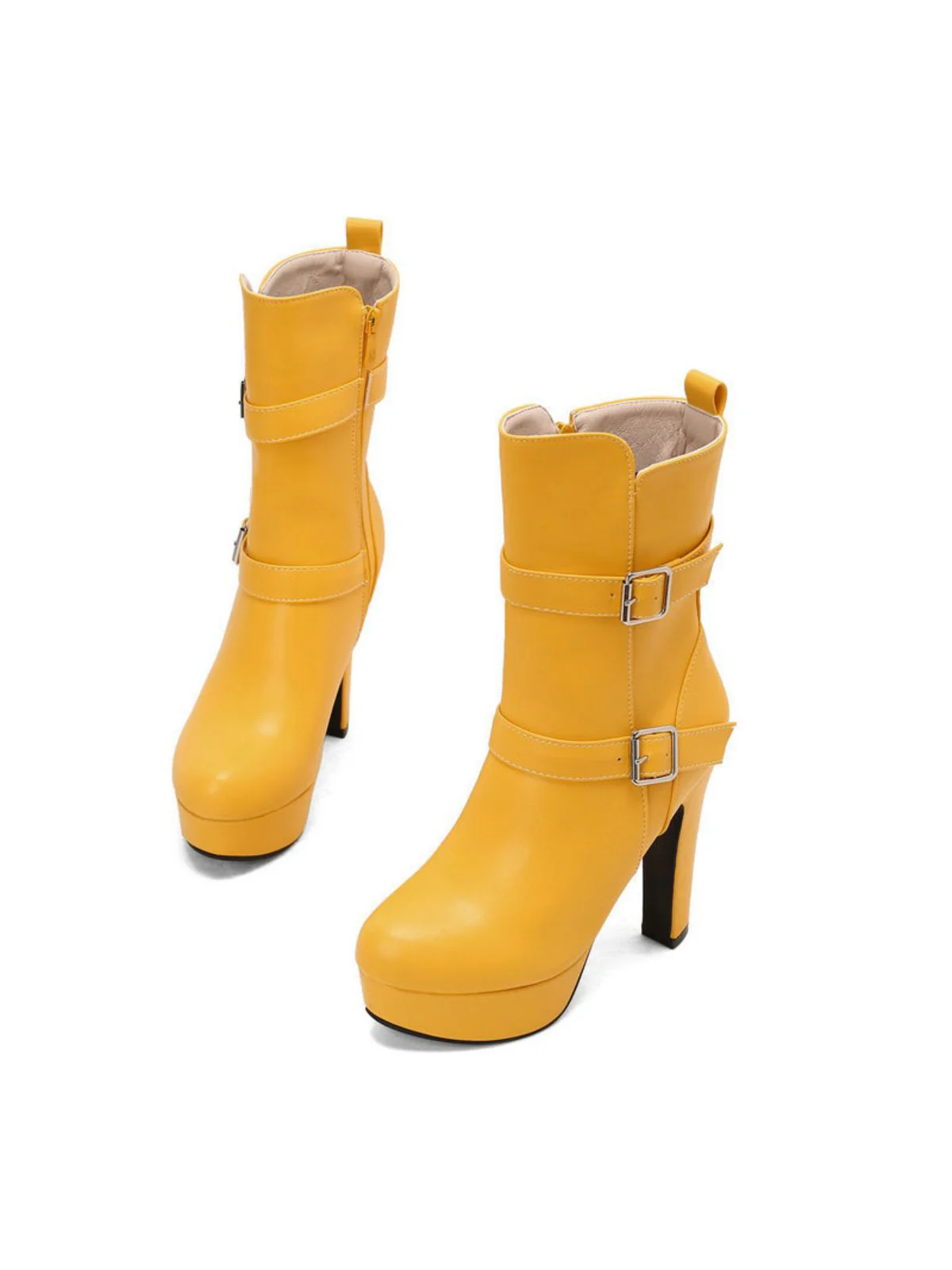 Pu Leather Round Toe Wedge Heel Mid-Calf Boots - Image 13