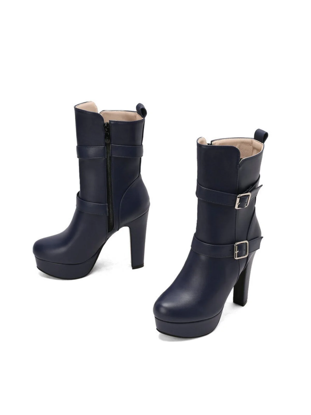 Pu Leather Round Toe Wedge Heel Mid-Calf Boots - Image 3