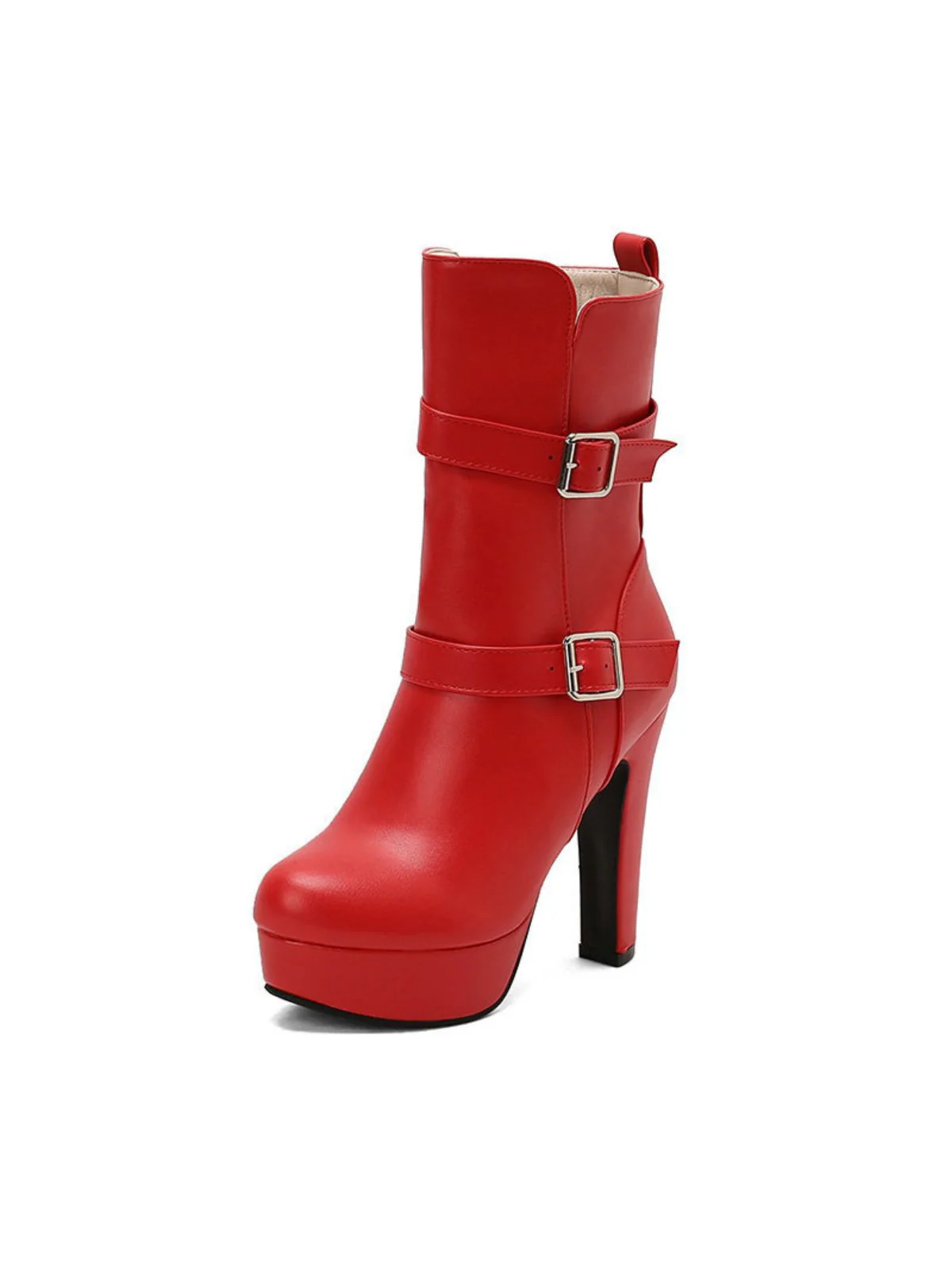 Pu Leather Round Toe Wedge Heel Mid-Calf Boots - Image 4