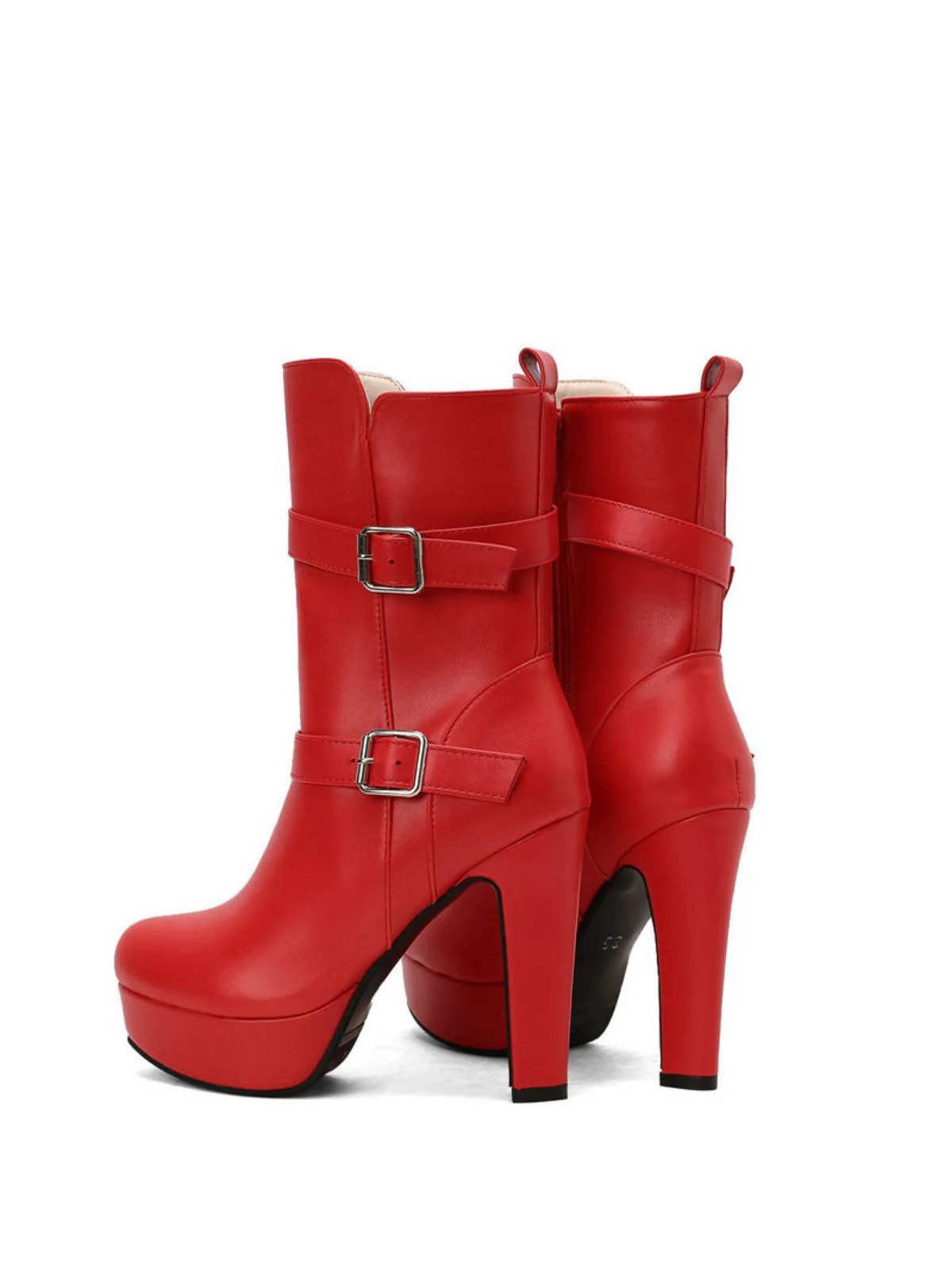 Pu Leather Round Toe Wedge Heel Mid-Calf Boots - Image 5
