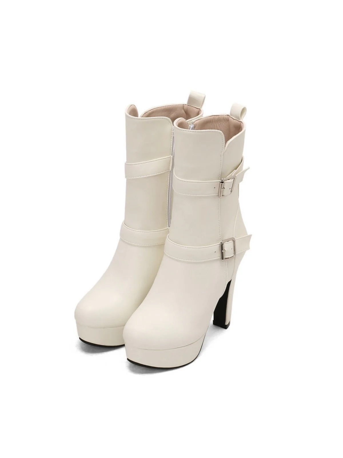 Pu Leather Round Toe Wedge Heel Mid-Calf Boots - Image 8