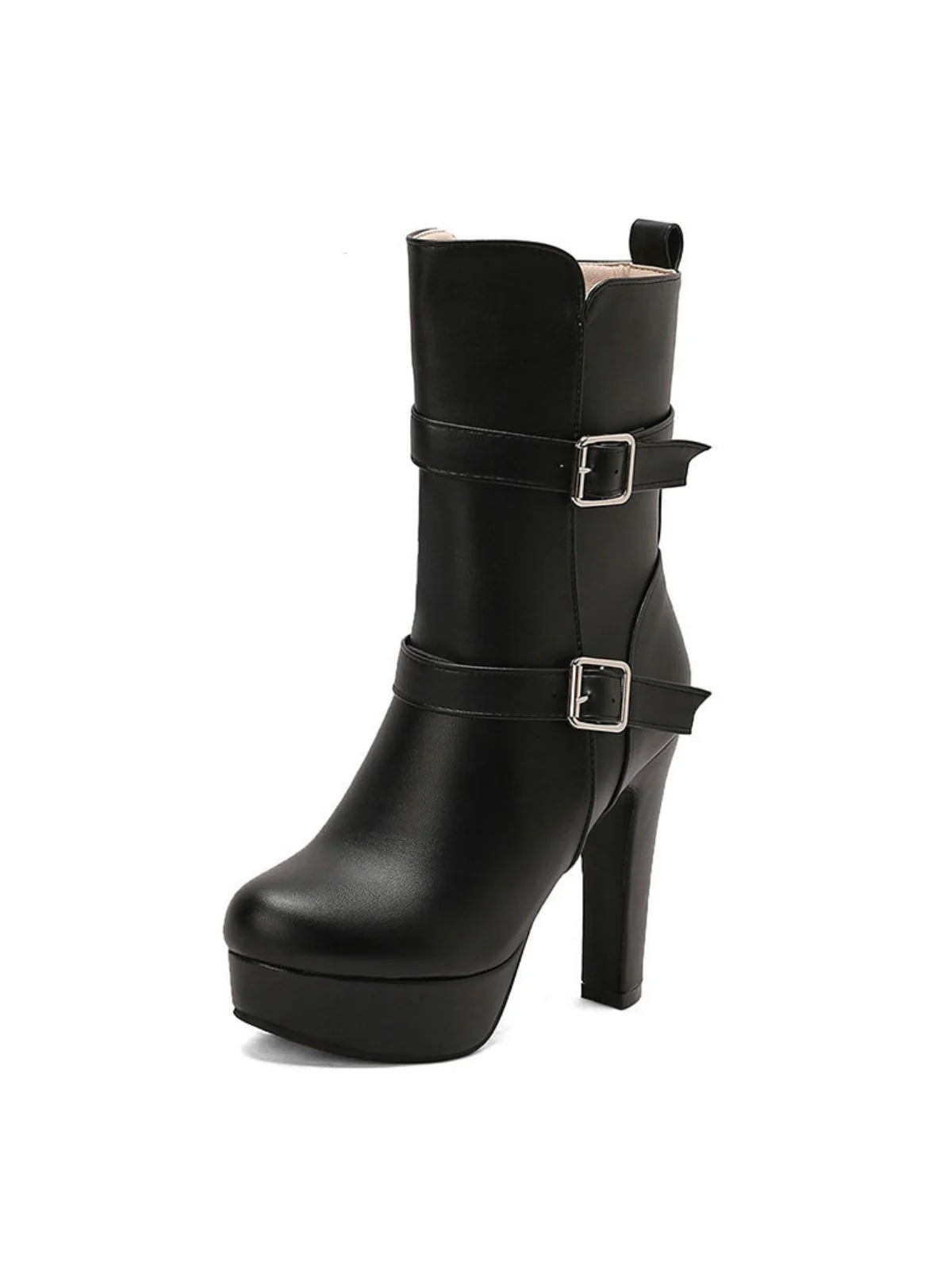 Pu Leather Round Toe Wedge Heel Mid-Calf Boots - Image 9