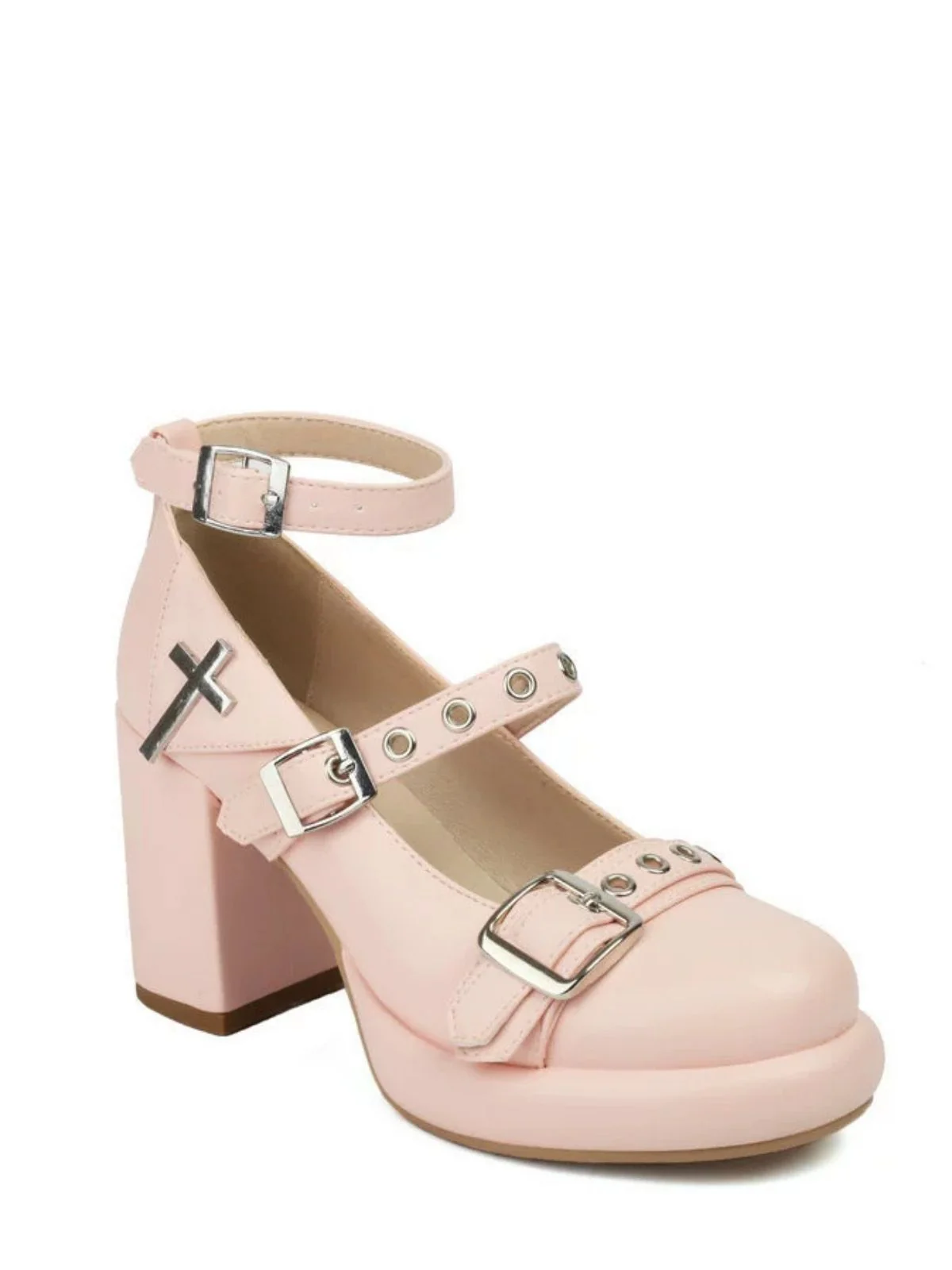 Punk Cross Buckle Ankle Strap Chunky High Heels - Image 10