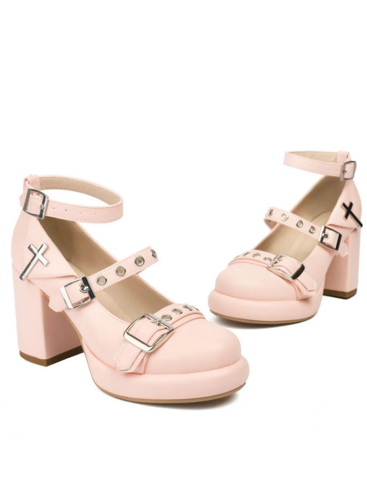 Punk Cross Buckle Ankle Strap Chunky High Heels - Image 11
