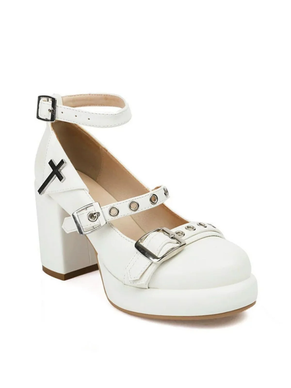 Punk Cross Buckle Ankle Strap Chunky High Heels - Image 12