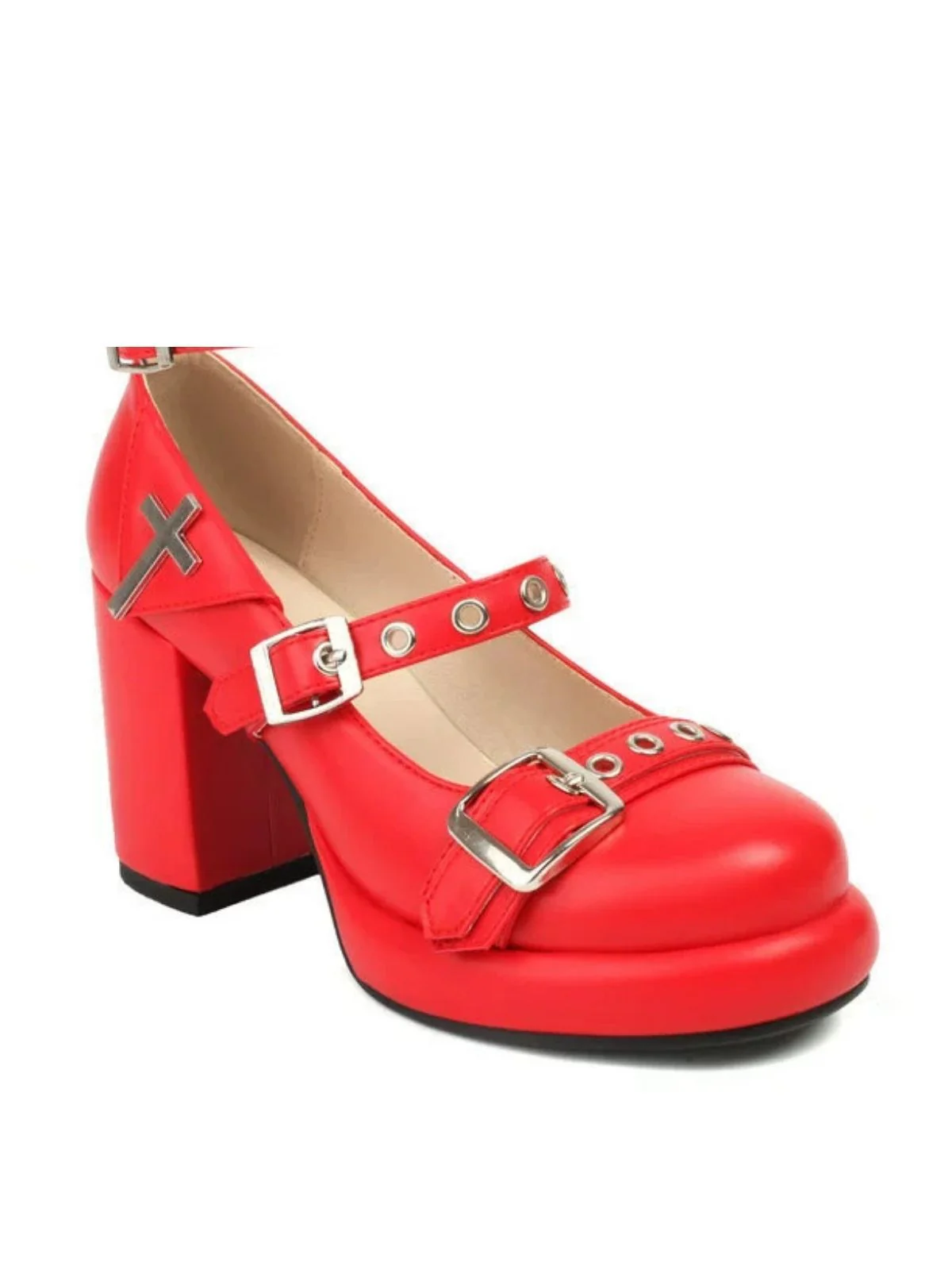 Punk Cross Buckle Ankle Strap Chunky High Heels - Image 6