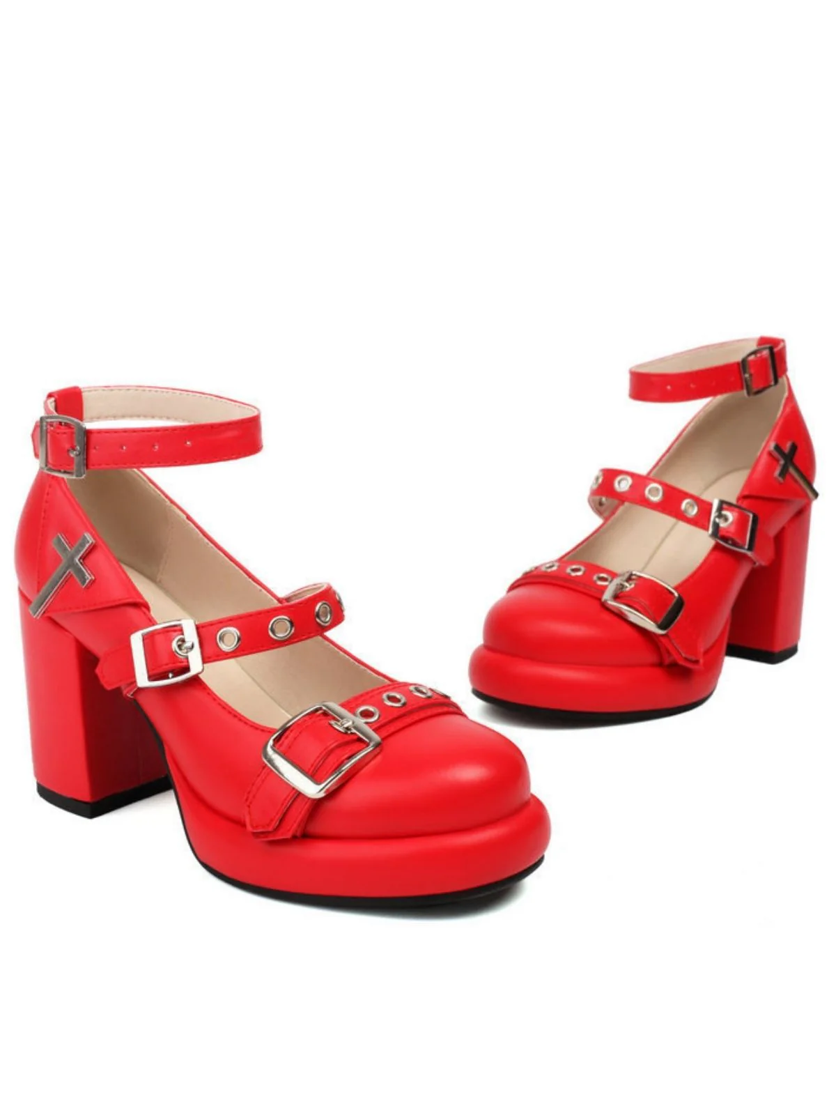 Punk Cross Buckle Ankle Strap Chunky High Heels - Image 7