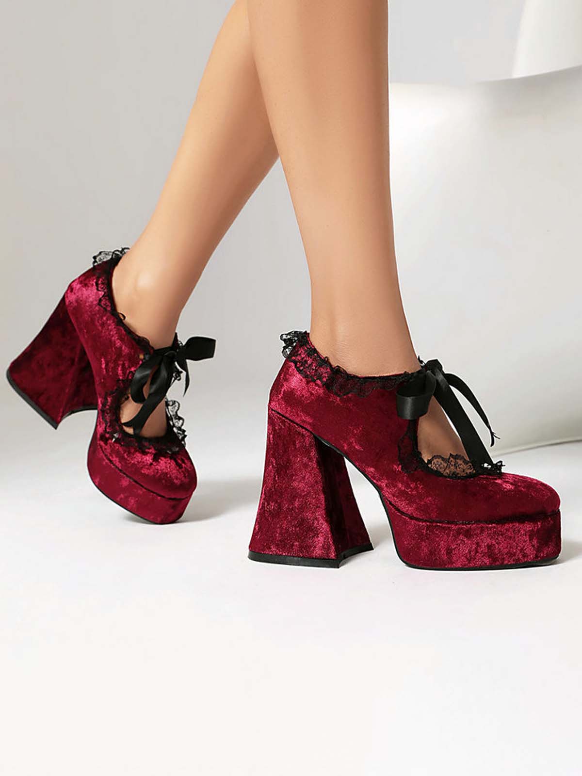 Punk Velvet Lace Bow Chunky Heels - Image 3