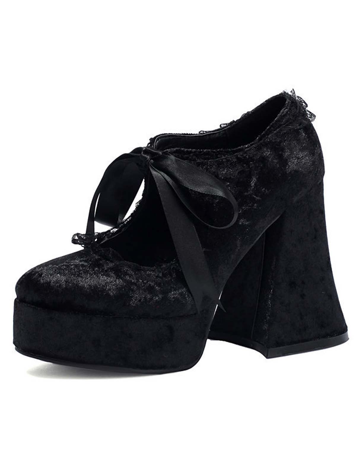 Punk Velvet Lace Bow Chunky Heels - Image 5