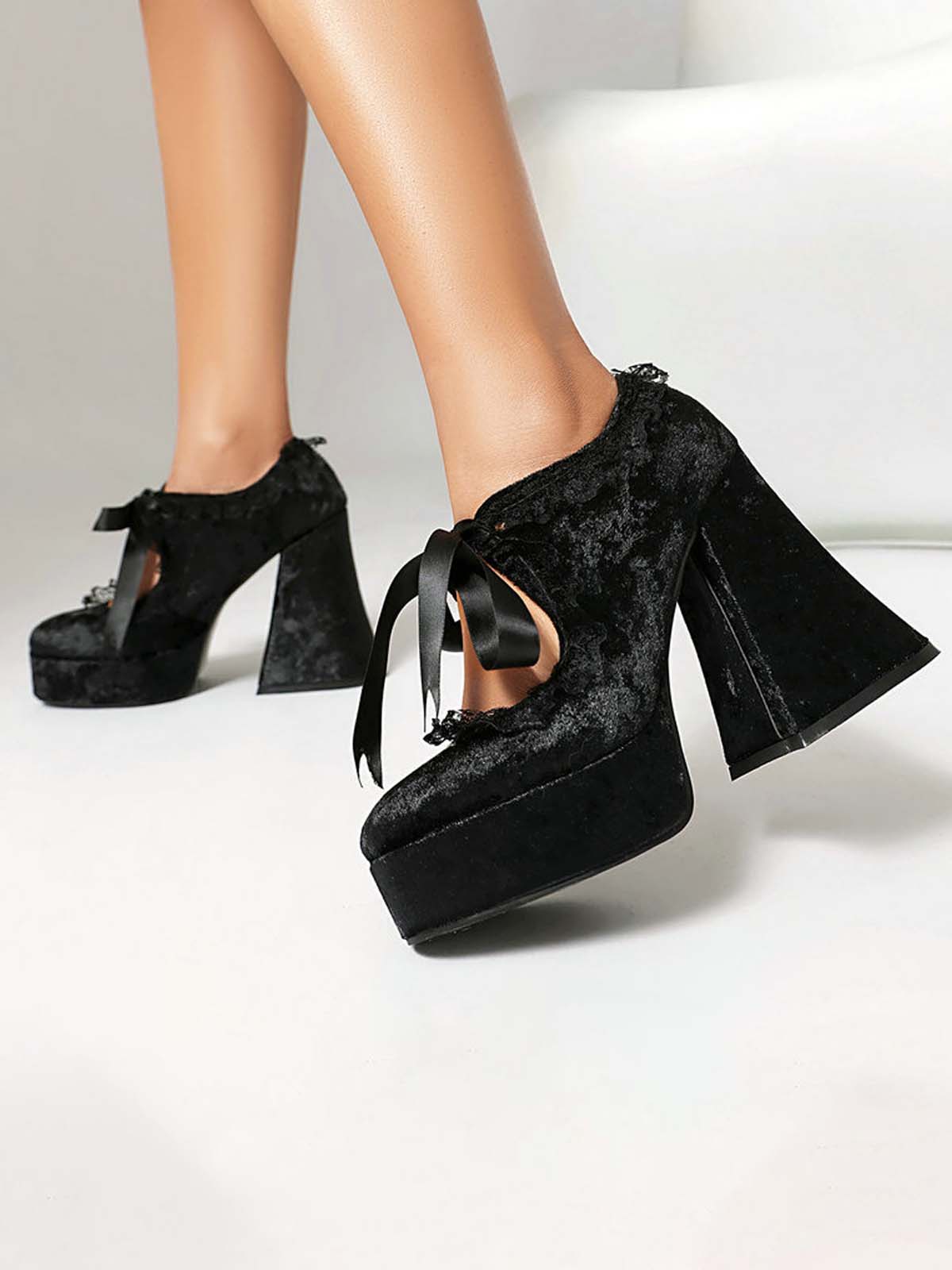 Punk Velvet Lace Bow Chunky Heels - Image 6