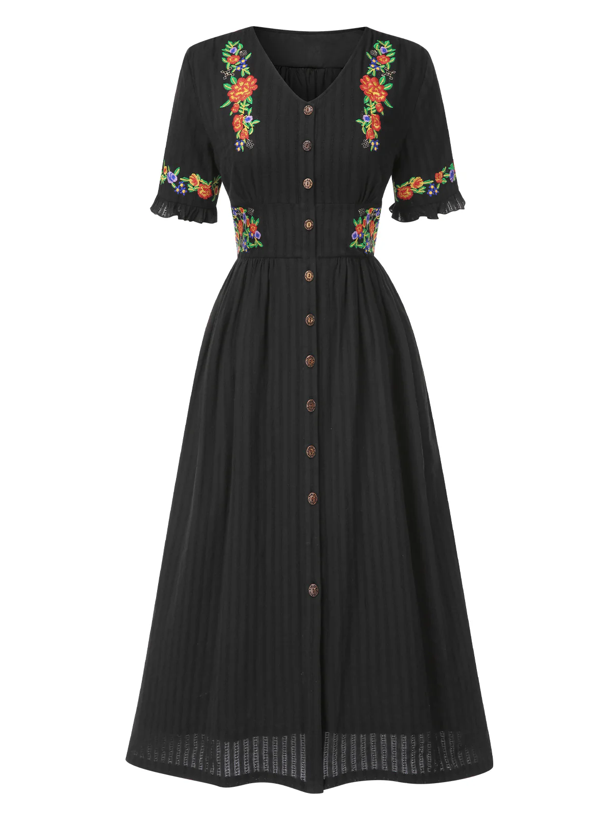 [Pre-Sale] Pure Cotton Black 1940s V-Neck Floral Dress - Image 2