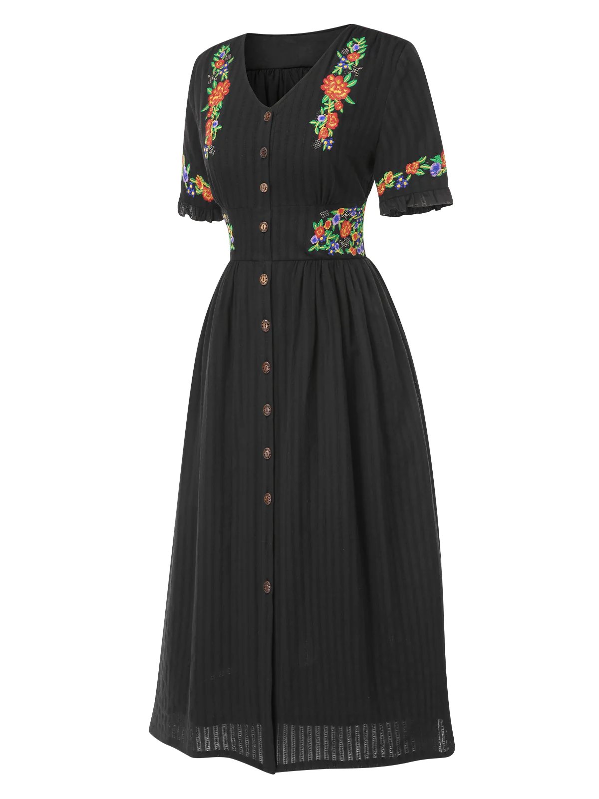 [Pre-Sale] Pure Cotton Black 1940s V-Neck Floral Dress - Image 3