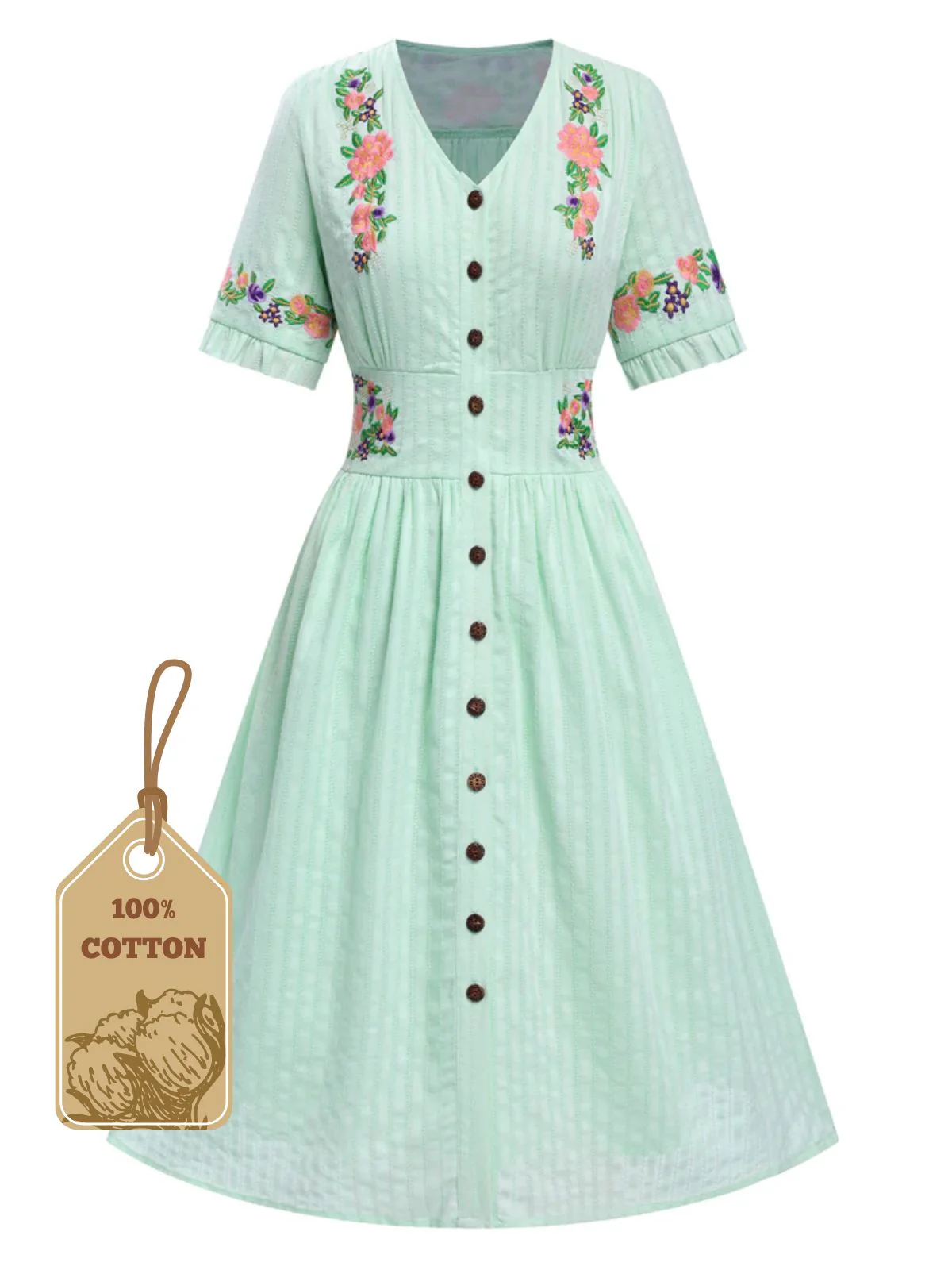 [Pre-Sale] Pure Cotton Black 1940s V-Neck Floral Dress - Image 6