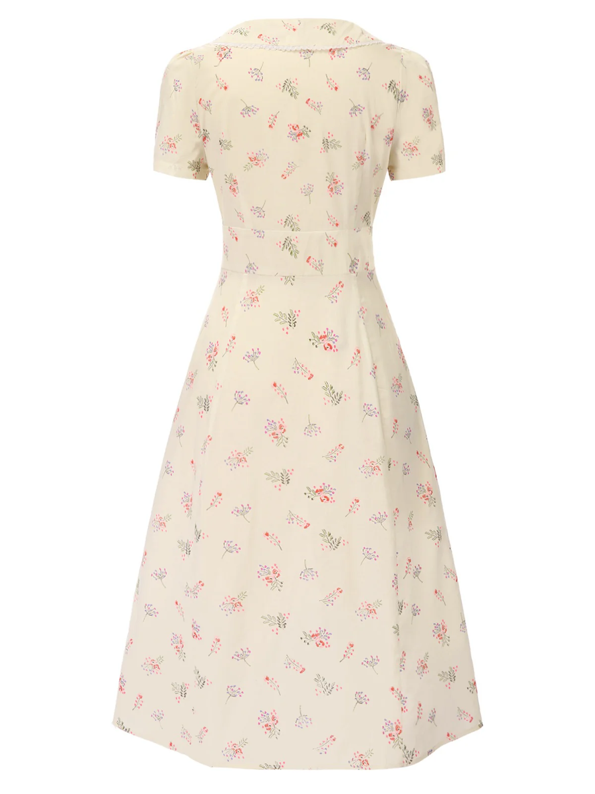 Pure Cotton Beige 1940s Puff Sleeves Floral Dress - Image 6