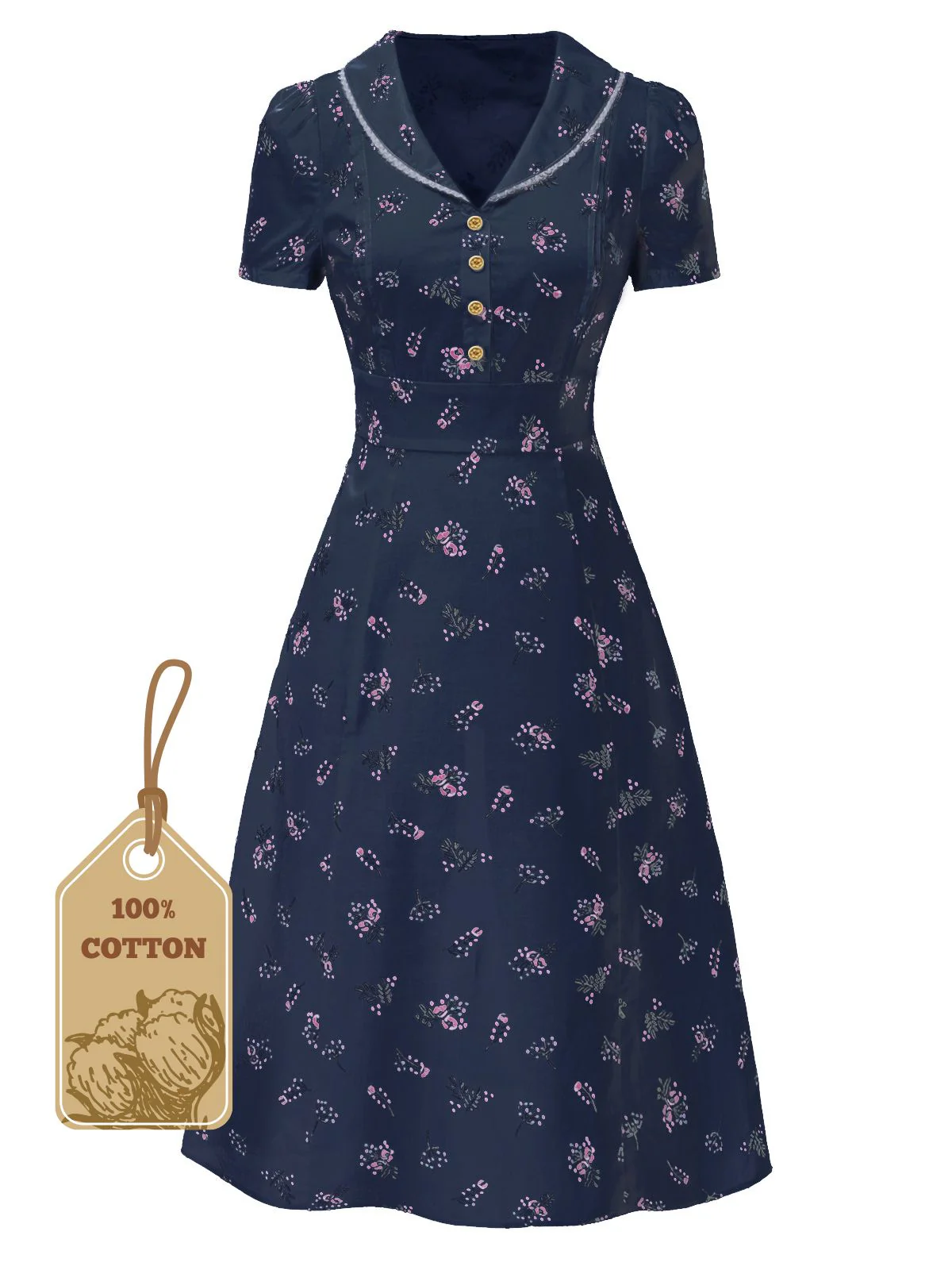 [Pre-Sale] Pure Cotton Green 1940s Puff Sleeves Floral Dress - Image 2