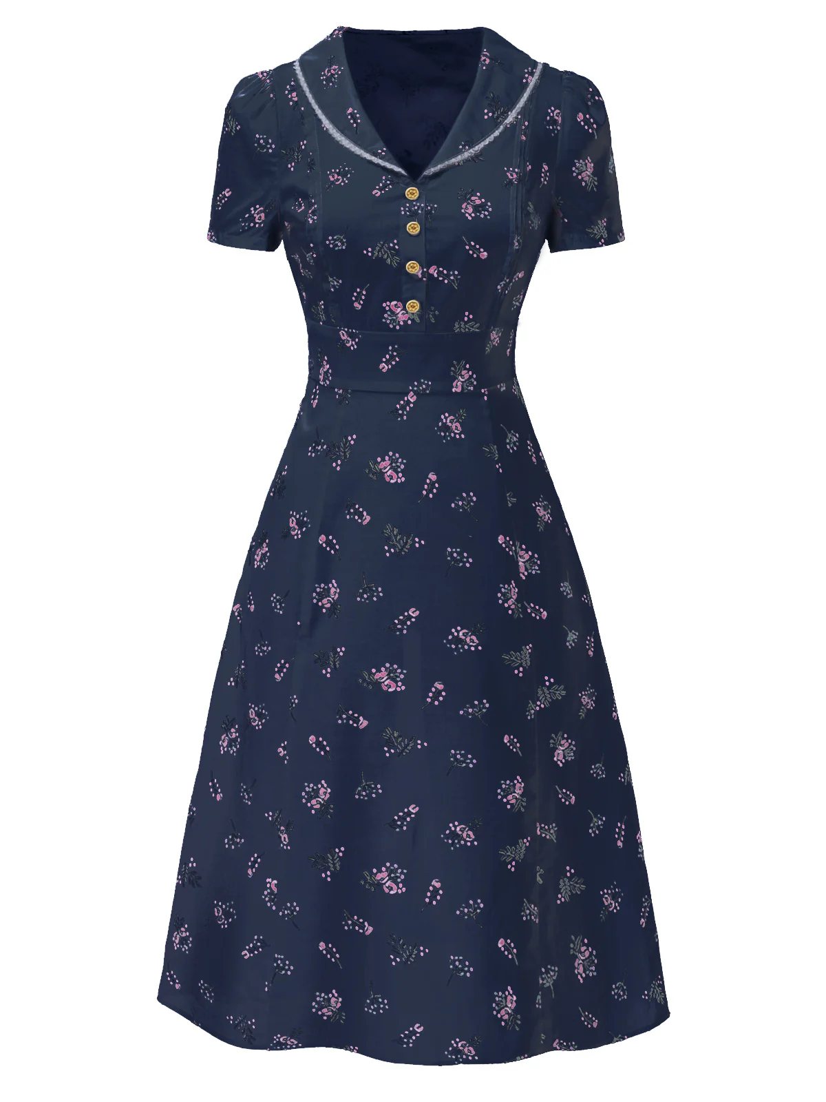 Pure Cotton Beige 1940s Puff Sleeves Floral Dress - Image 10