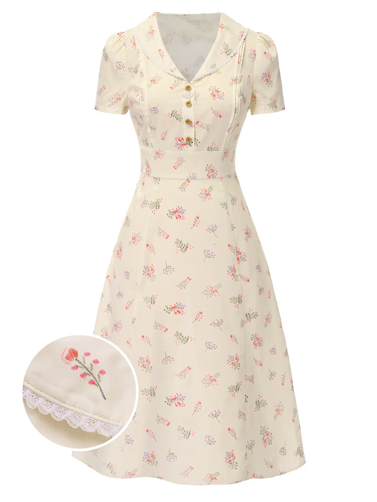 Pure Cotton Beige 1940s Puff Sleeves Floral Dress - Image 2