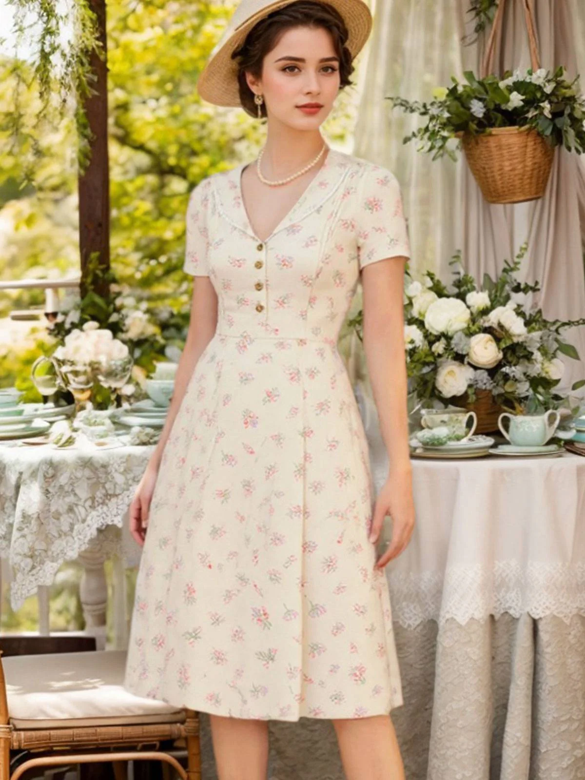 Pure Cotton Beige 1940s Puff Sleeves Floral Dress - Image 3
