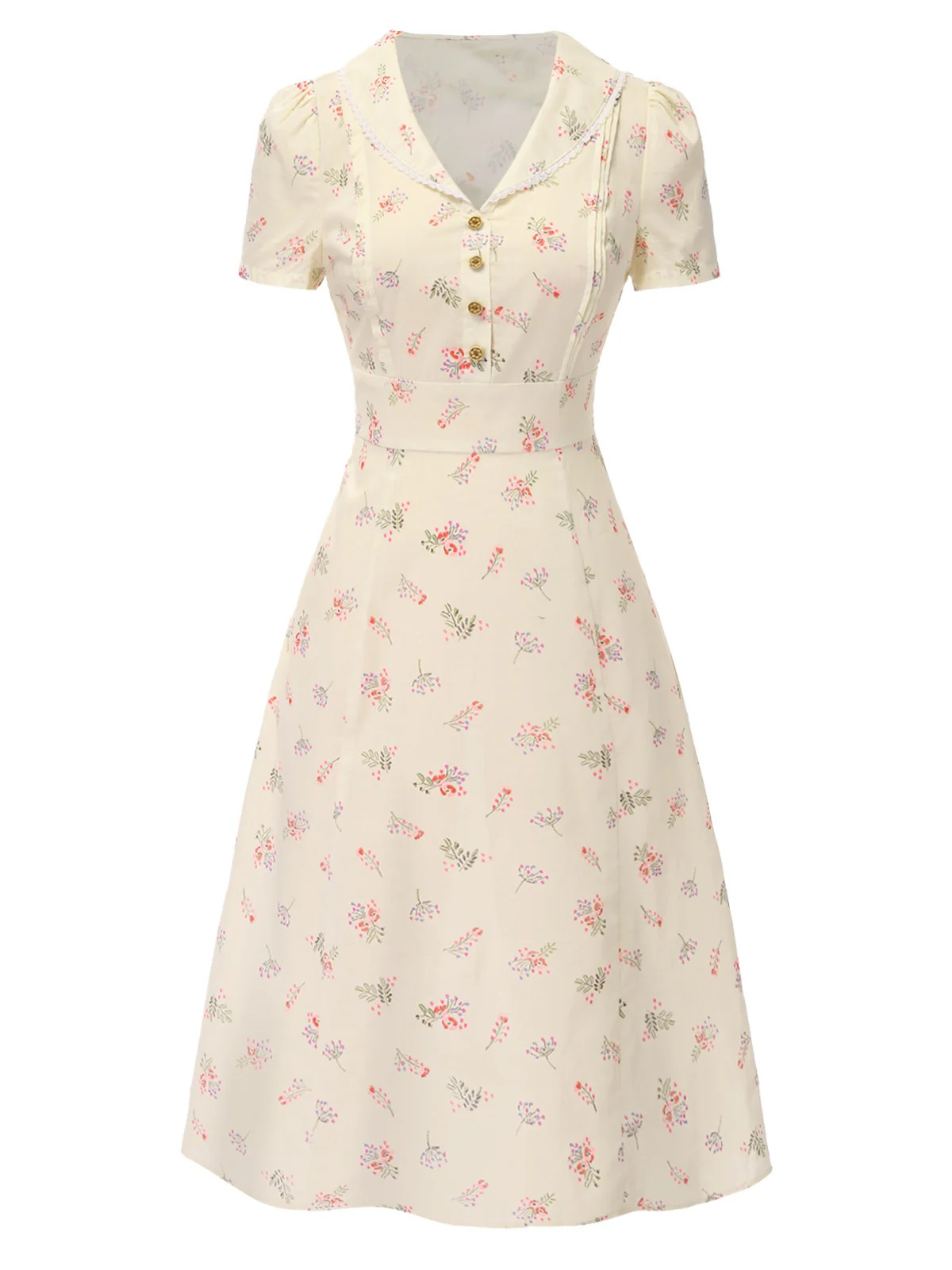 Pure Cotton Beige 1940s Puff Sleeves Floral Dress - Image 4