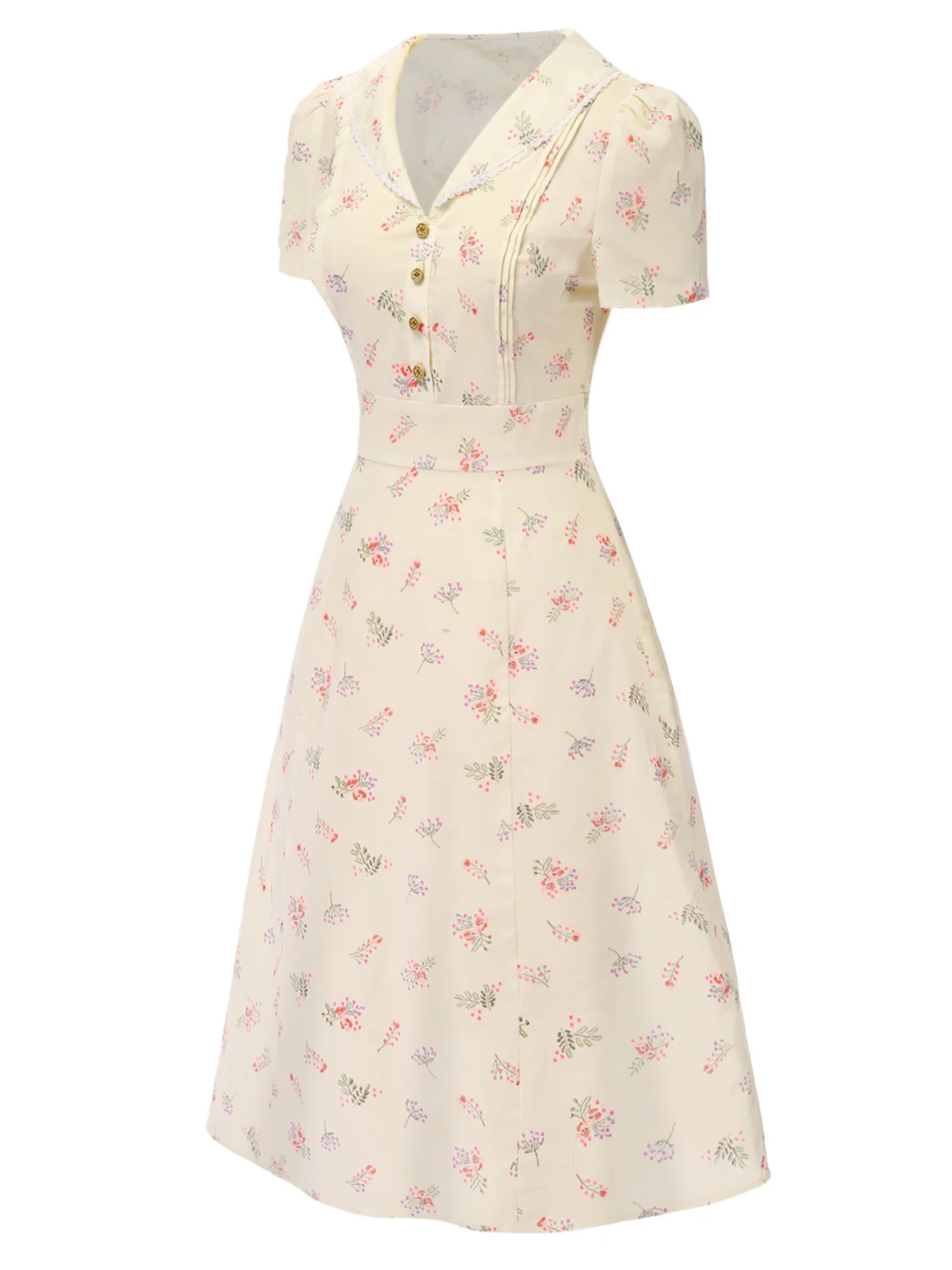 Pure Cotton Beige 1940s Puff Sleeves Floral Dress - Image 5