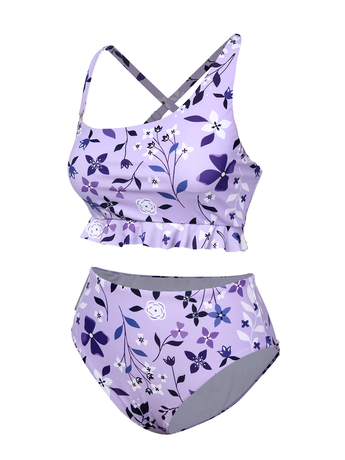 Purple 1930s Floral Irregular Shoulder Straps Swimsuit - Image 2