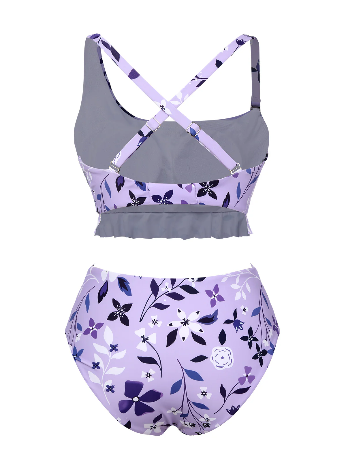 Purple 1930s Floral Irregular Shoulder Straps Swimsuit - Image 3