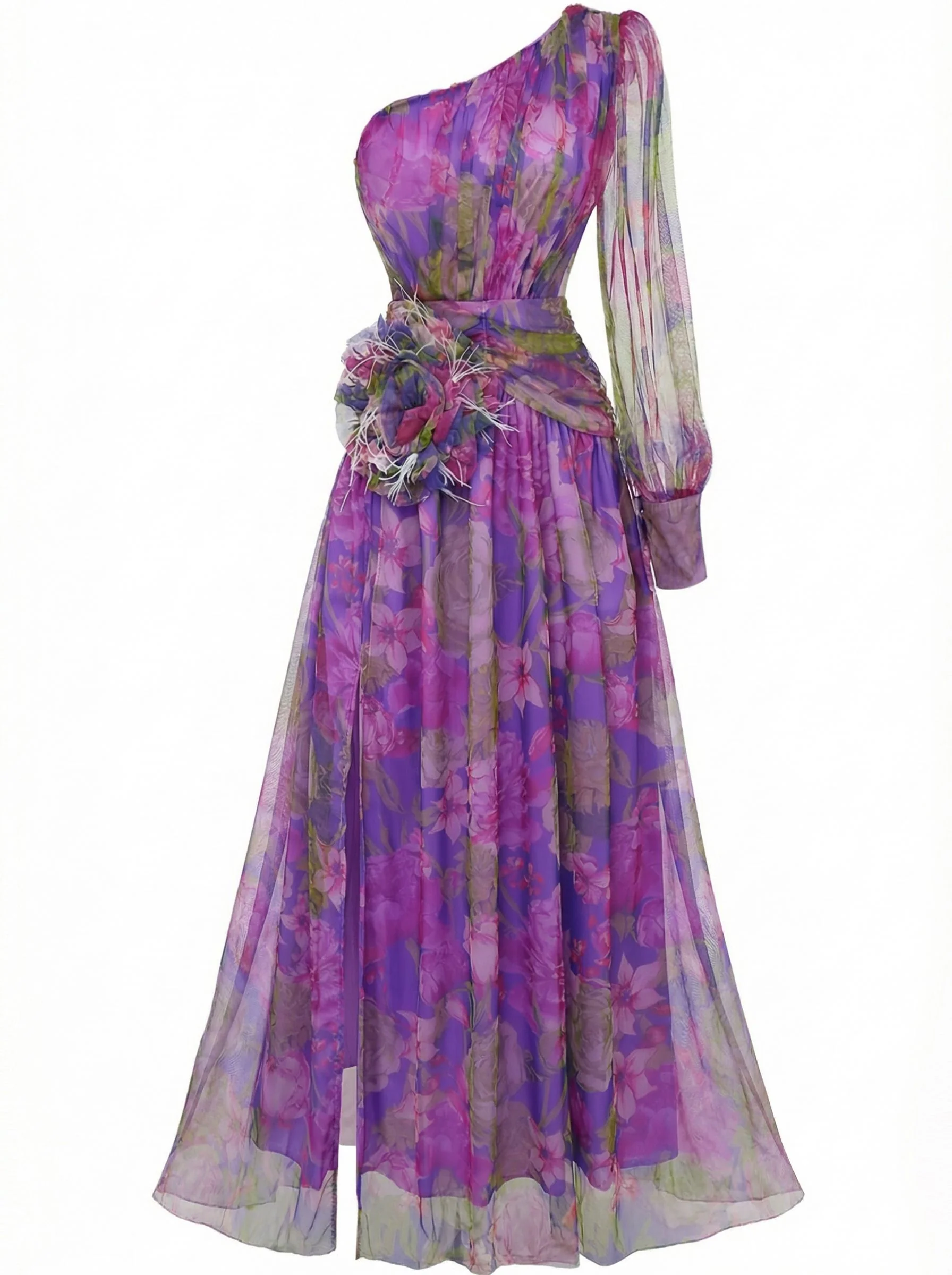Purple 1930s Mesh One-Shoulder 3D Floral Evening Dress - Image 2