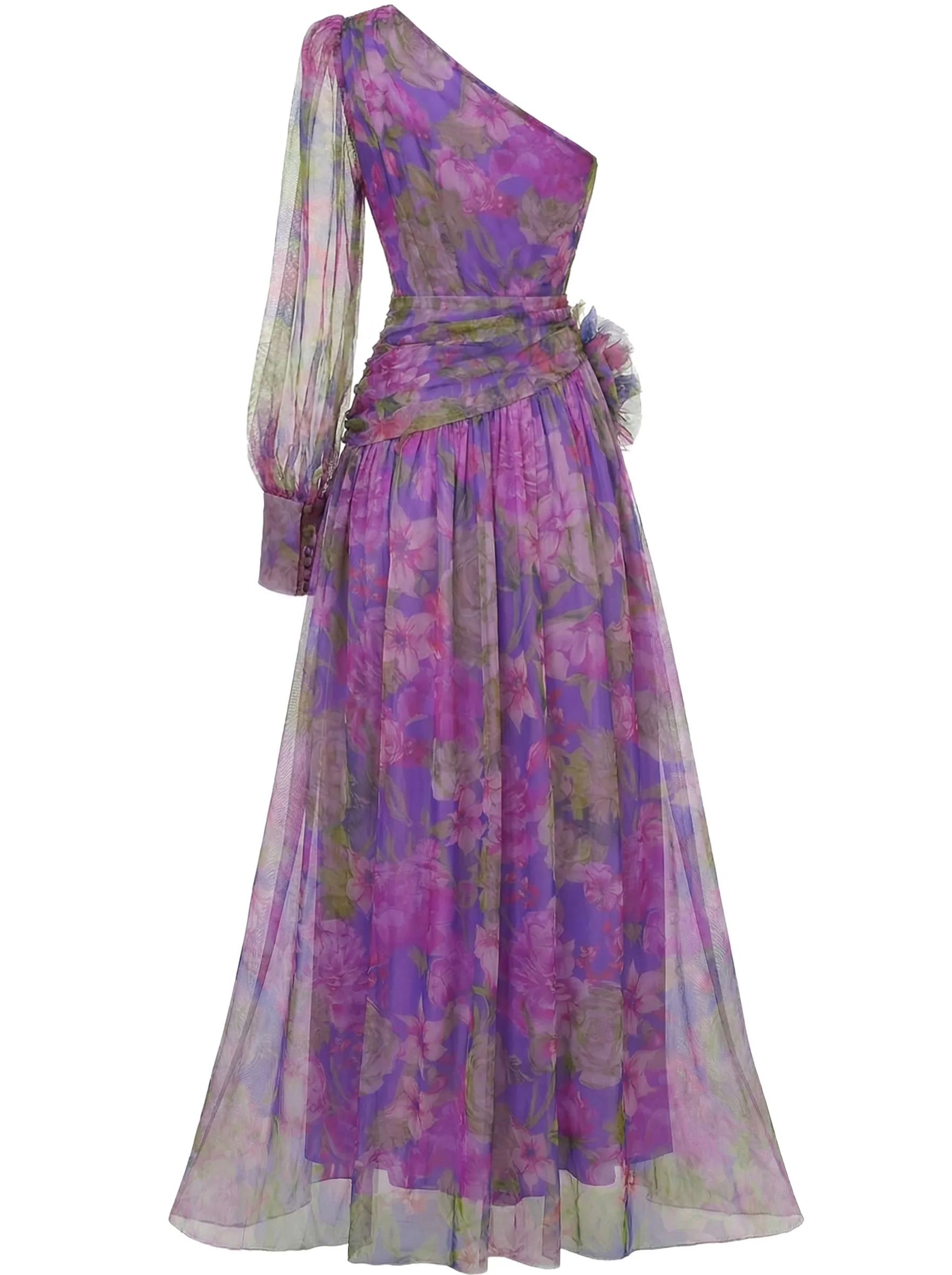 Purple 1930s Mesh One-Shoulder 3D Floral Evening Dress - Image 3