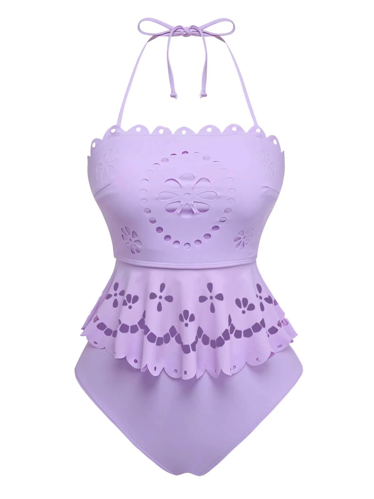 Purple 1940s Halter Scalloped Eyelet Tankini Set - Image 2