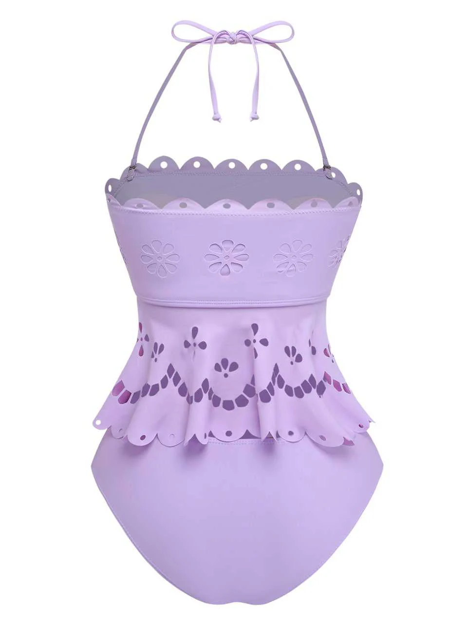 Purple 1940s Halter Scalloped Eyelet Tankini Set - Image 3
