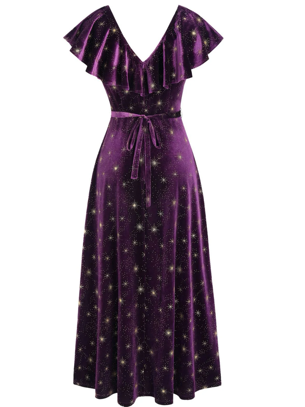 Purple 1940s Velvet V-Neck Star Ruffle Dress - Image 2